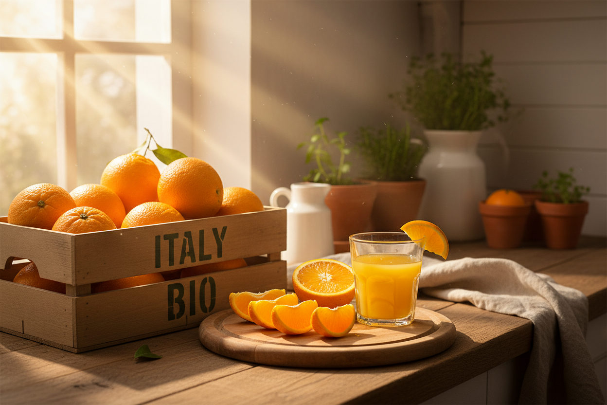 Crea immagine per banner 16:9 con una cassetta di arance bellissime con su scritto Italy BIO in una cucina con delle arance tagliate su tagliere con spremuta d'arancia in una cucina accogliente e calda con luce naturale