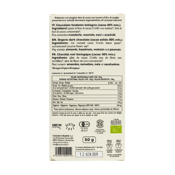 Cioccolato Fondente Bio 80% Puro 50g - Cacao Crudo