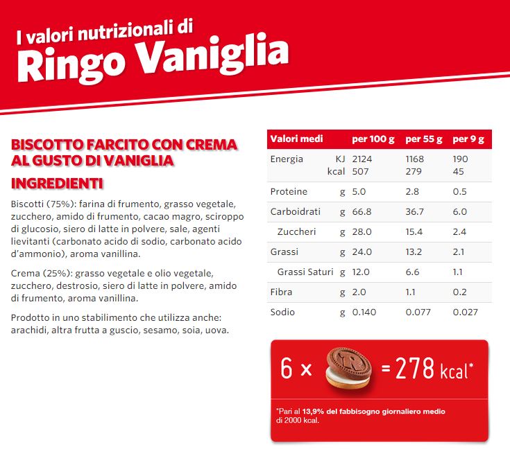 Ringo Biscotti Farciti con Crema al gusto Vaniglia 6 X 55g